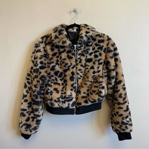 No Boundaries XS cheetah print jacket fluffy puffer streetwear urban black brown